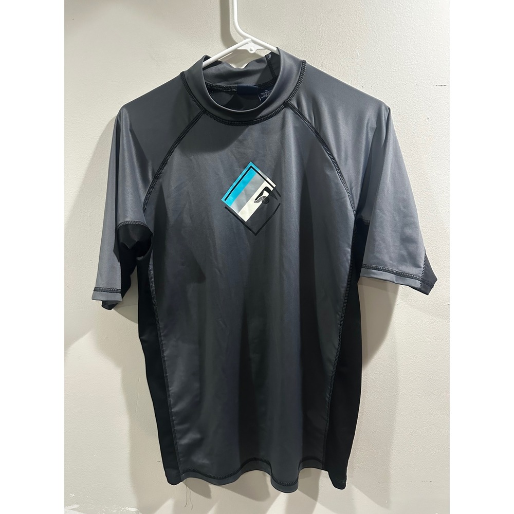 Kanu Surf Mens Rash Guard Swim Shirt Gray Black Short Sleeve Mock Neck Medium